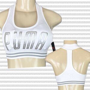 Puma S White Metallic Logo Removal Pads Scoop Neckline Open T- Back Sports Bra